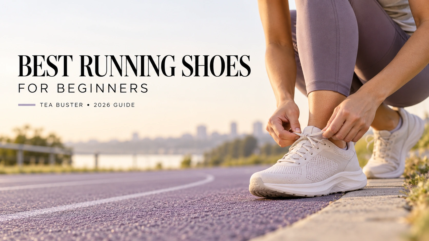 Tea Buster beginner running shoes editorial cover with a runner tying unbranded shoes