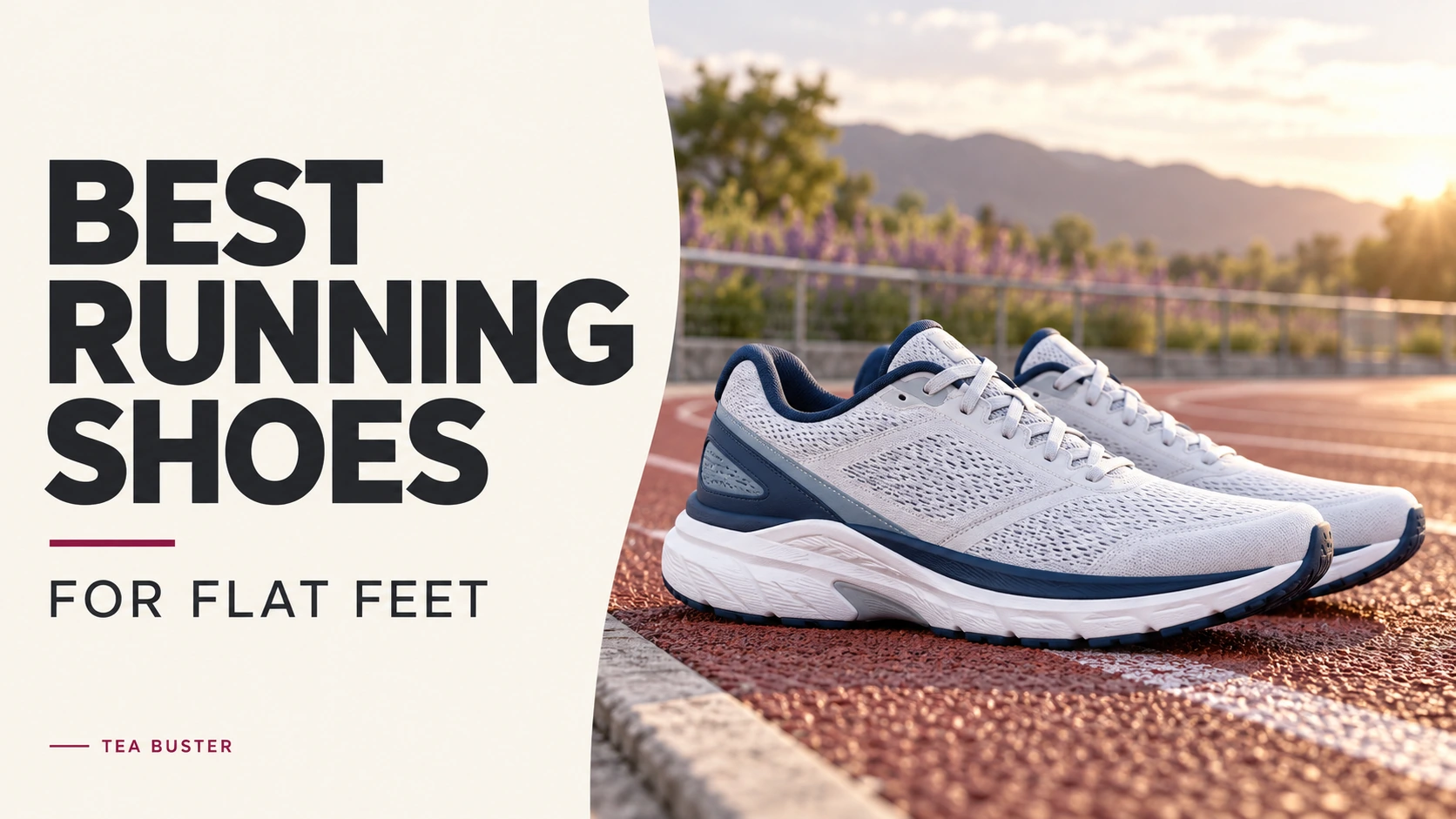 Running shoes beside a track, with the title Best Running Shoes for Flat Feet