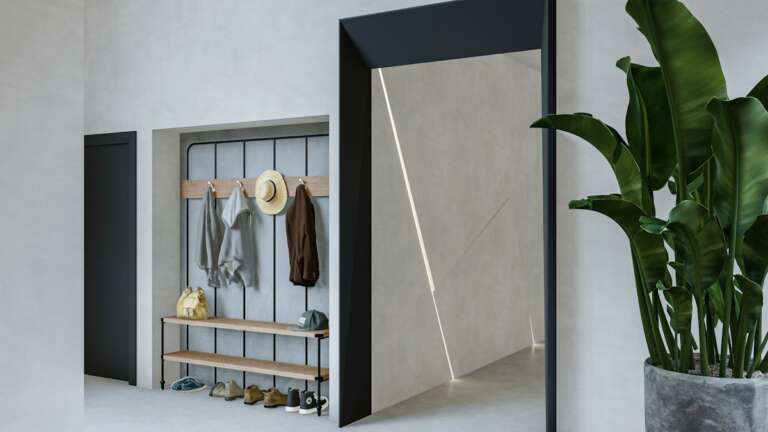 Modern narrow entryway with space-saving shoe storage cabinet